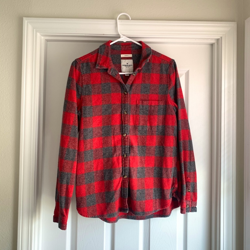 American Eagle Red & Grey Soft Slim Fit Flannel